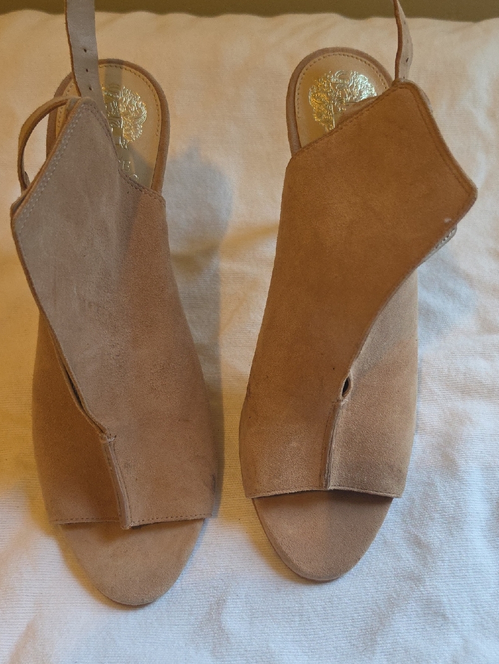 Vince Camuto Catina tan suede slingback peep toe heel sandals